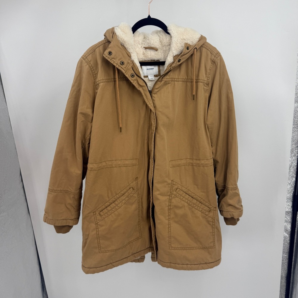 Old Navy‎ Mens L Coat Camel Tan Faux Shearling Lined Hooded Field Jacket Parka